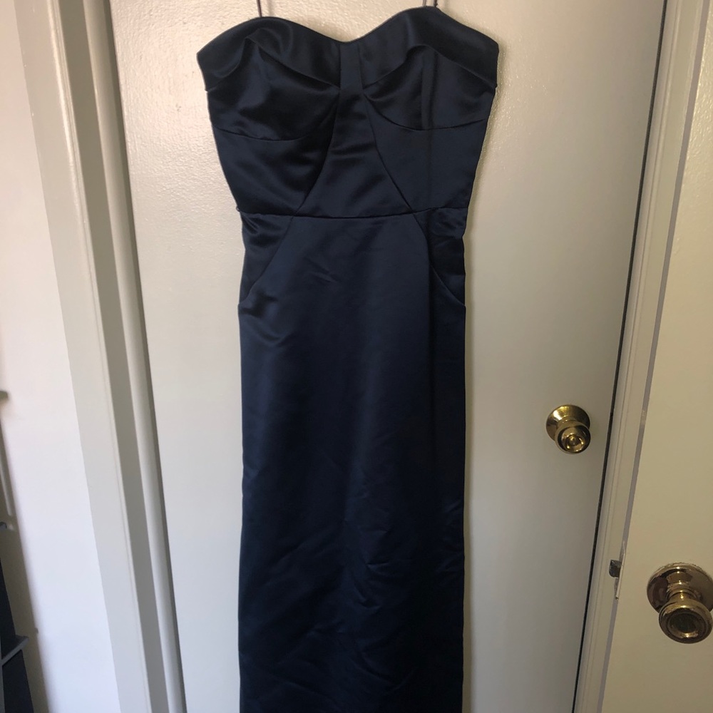 Floor length navy prom dress